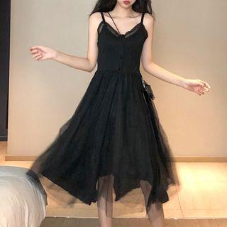 Spaghetti Strap Lace Paneled A-line Midi Dress Black - One Size
