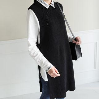 Sleeveless Beribboned-side Long Knit Top