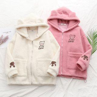 Bear Embroidered Fleece Zip Hoodie