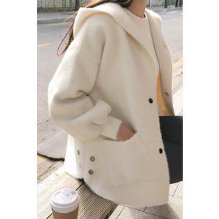 Snap-button Wool Blend Furry Hoodie Ivory - One Size