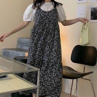 Short-sleeve Top / Spaghetti Strap Floral Print Midi A-line Dress
