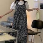 Short-sleeve Top / Spaghetti Strap Floral Print Midi A-line Dress