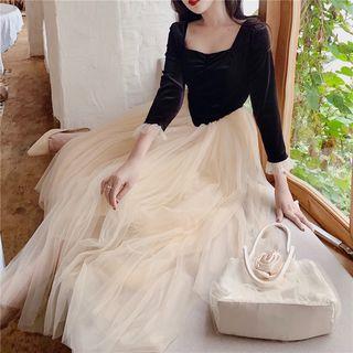 Long-sleeve Mesh Panel Pleated Slim Fit Dress
