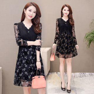 Long-sleeve Floral Mini Shift Dress