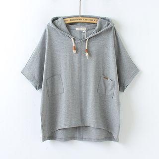 Plain Loose-fit Short-sleeve Hooded Top