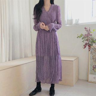 Long-sleeve Dotted Crinkle Chiffon Midi Dress