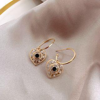 Rhinestone Heart Dangle Earring 1 Pair - Black Rhinestone - Gold - One Size