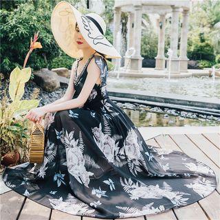 Embellished Floral Print A-line Maxi Dress