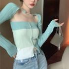 Set: Strapless Color Block Knit Top + Cropped Cardigan