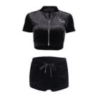 Set: Zip-up Short-sleeve Cropped Hoodie + Velvet Drawstring Shorts