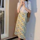 Set: Short-sleeve Shirred Blouse + Floral Print Midi A-line Skirt