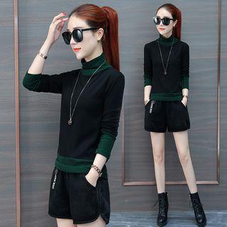 Mock Turtleneck Color Block Long-sleeve Top