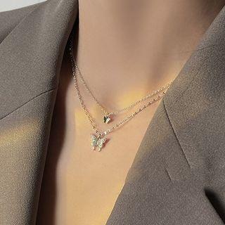 Butterfly Rhinestone Pendant Layered Alloy Choker 1 Pc - Silver - One Size