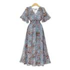 Short-sleeve Flower Print A-line Midi Chiffon Dress