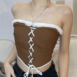 Fluffy Trim Lace-up Cropped Tube Top