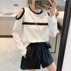 Long-sleeve Two Tone Cold-shoulder T-shirt White - One Size