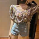 Floral Print Puff-sleeve Cropped Chiffon Top Blue - One Size