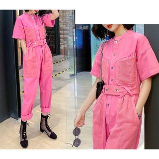 Elbow-sleeve Buttoned Denim Jumpsuit
