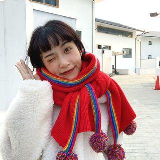 Color-block Pom Pom Scarf Red - One Size