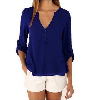 Long-sleeved Loose-fit Chiffon V-neck Slim Top