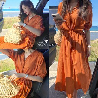 Plain Short-sleeve Tie-waist Midi Shirtdress Tangerine - One Size