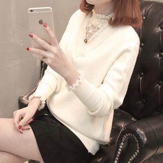Lace Panel V-neck Long-sleeve Knit Top