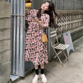 Elbow-sleeve Floral Midi A-line Dress Flower - Pink - One Size