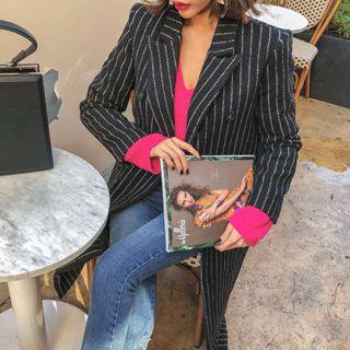 Peaked-lapel Pinstripe Wool Blend Long Coat