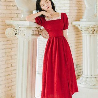 Balloon-sleeve Mesh Ruffle Midi A-line Dress