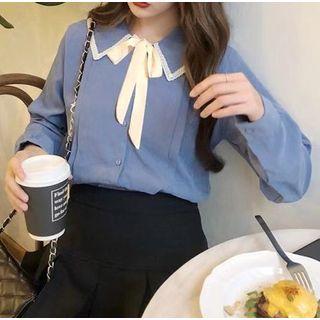 Lace Trim Lace-up Blouse / Pleated A-line Skirt