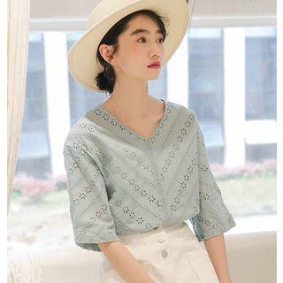 V-neck Eyelet Lace Short-sleeve Blouse