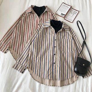 Mock Two-piece Mock-neck Panel Striped Long-sleeve Blouse