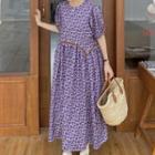 Puff-sleeve Floral High-waist Dress Purple - One Size