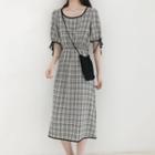 Short-sleeve Tie-cuff Plaid Midi A-line Dress With Crossbody Pouch