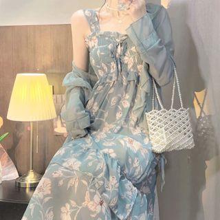 Wide Strap Floral Print Midi Dress / Jacket