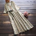 Short-sleeve Print Tie-waist Midi A-line Dress Green - One Size