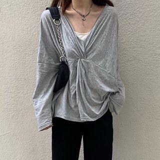 Set: Spaghetti Strap Top + Long-sleeve T-shirt Set - Gray - One Size