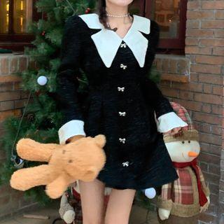 Long-sleeve Contrast Collar A-line Mini Dress Black - One Size