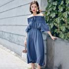 Elbow-sleeve Off Shoulder Midi A-line Dress