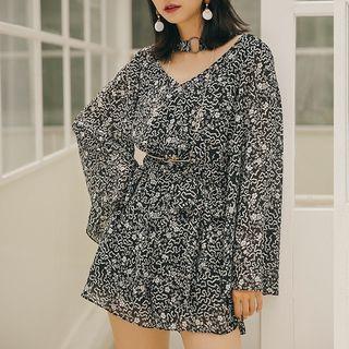 Long-sleeve Open-back Print Playsuit