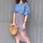 Set: Floral Print Short-sleeve Chiffon Dress + Straight Fit Sheer Skirt