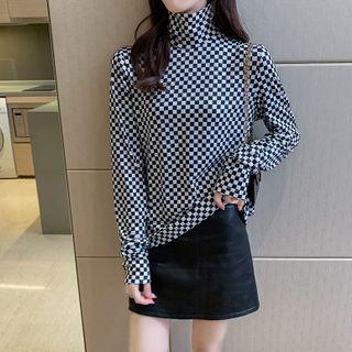 Mock-neck Long-sleeve Checker Print T-shirt
