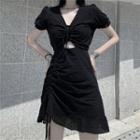 Short Sleeve V-neck Drawstring Cutout A-line Dress