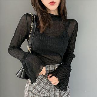 Bell-sleeve Pleated Mock-neck Top