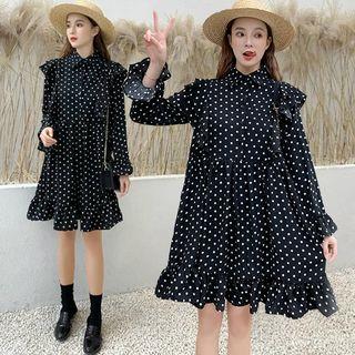 Bell-sleeve Dotted A-line Shirt Dress