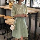 Striped Short-sleeve T-shirt / High Waist Suspender Skirt