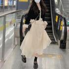 V-neck Ruffle Blouse / Asymmetrical Midi A-line Skirt