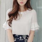 Bell-sleeve Loose-fit Chiffon Plain Top
