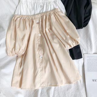 Elbow-sleeve Off-shoulder Button Top