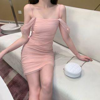 Spaghetti Strap Shirred Mesh Mini Bodycon Dress